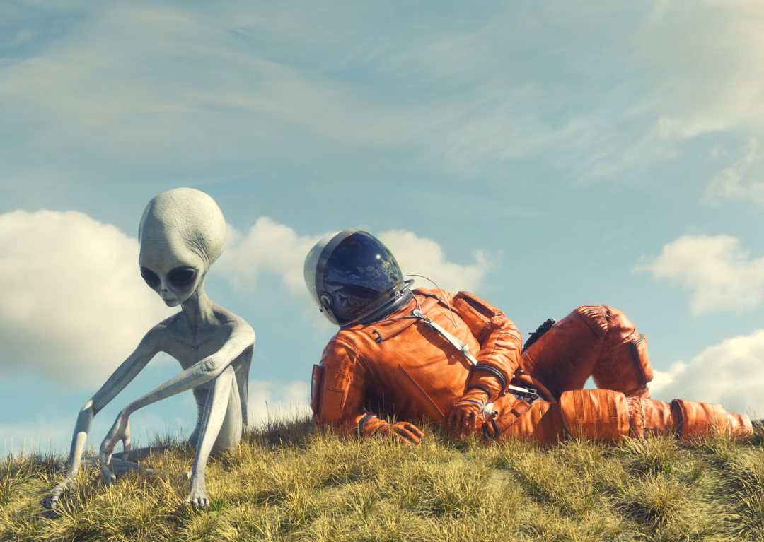 An astronaut calmly laying down on the grass talking to an alien who is sitting beside them.