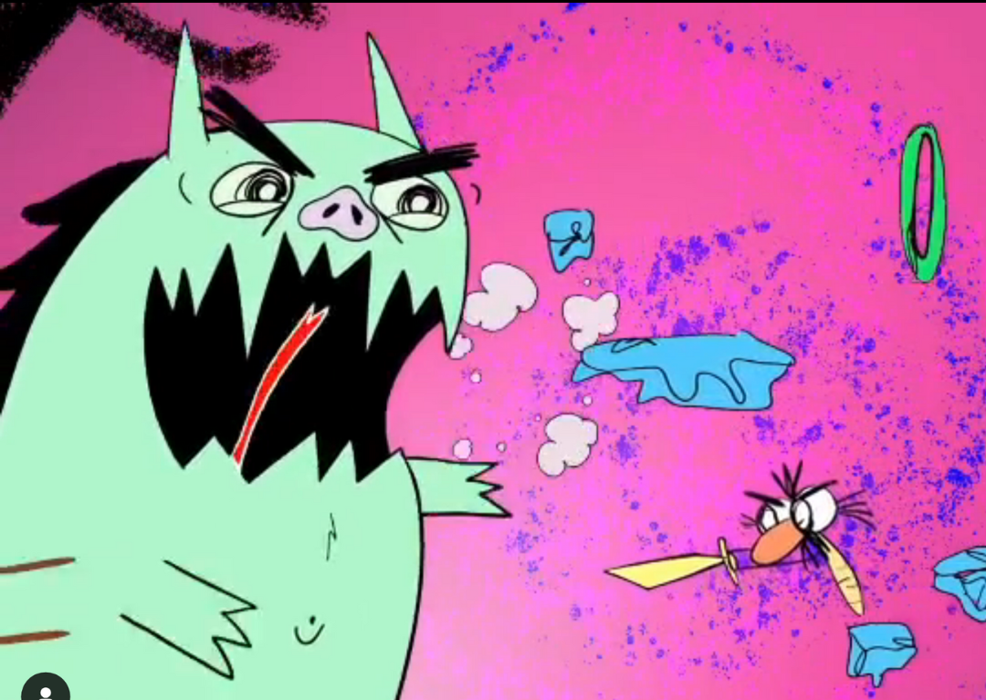 A cartoon drawing of a large monster attacking a small bug. The bug is fighting back with a sword. This is a snapshot from an animation.