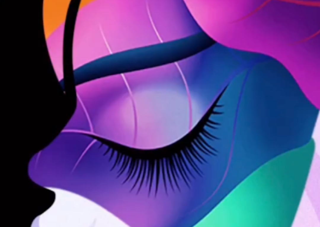 An abstract depiction of a woman's head, focused on her nose, lips, eyebrow and eyelash on one side.