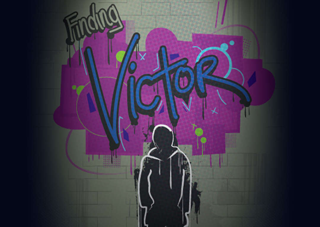 An illustration of graffiti depicting a missing person. The graffiti writes "finding Victor."